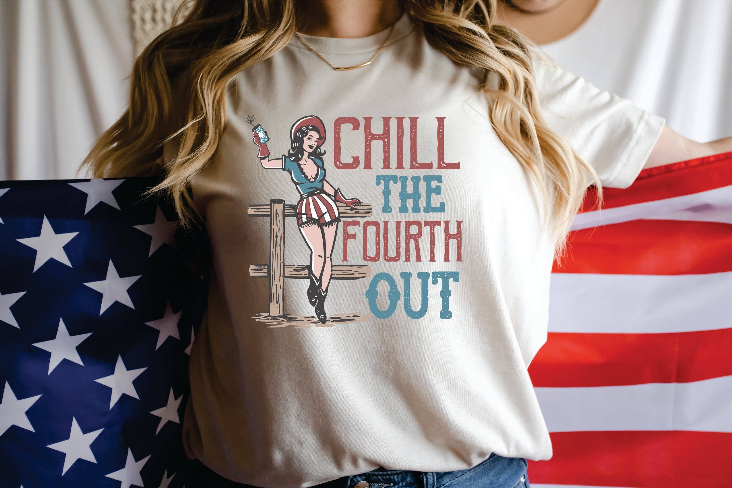 Peach Closet - Wholesale Screen Printed T-Shirt - Women's - Chill The Fourth Out Cowgirl T-Shirt or Crew Sweatshirt0