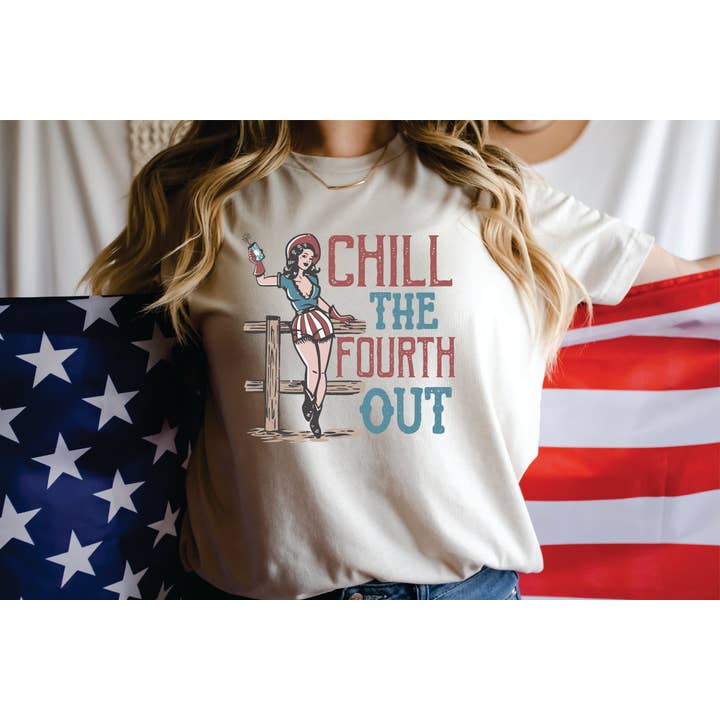 Peach Closet - Wholesale Screen Printed T-Shirt - Women's - Chill The Fourth Out Cowgirl T-Shirt or Crew Sweatshirt