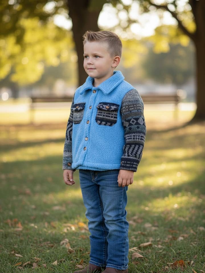 Sky blue sherpa shacket w/gray geometric sleeves. TPG65133055 SOL for wholesale by Kids Charm Online