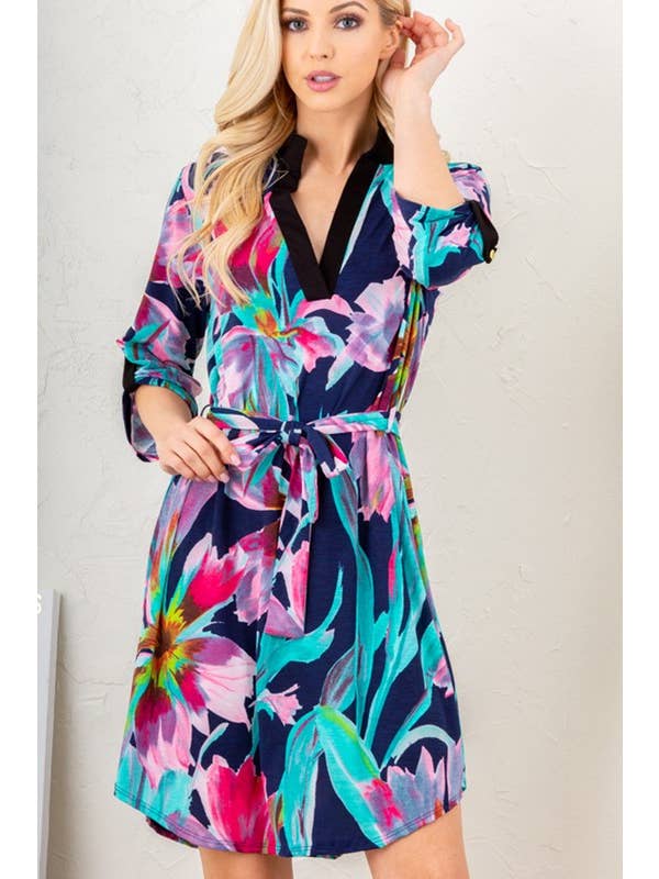 NAVY ED6111-11 MANDARIN COLLAR MULTI COLOR FLORAL DRESS for wholesale on Faire