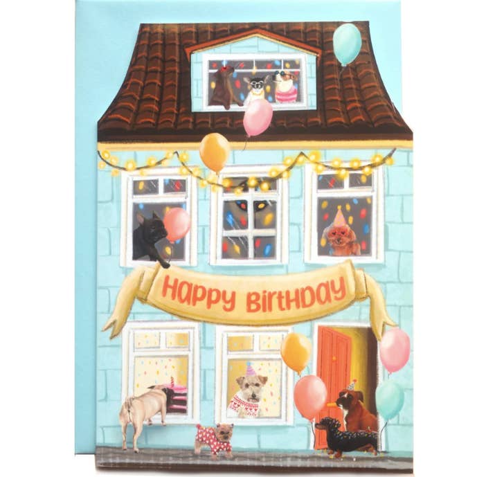 Dog Party House Birthday Card- Funny birthday card for wholesale by Hannah Farrs