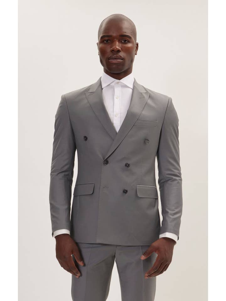 GRIS OSCURO Traje con doble botonadura de lana merino Super 120S para hombre, color gris oscuro de venta al por mayor en Faire2