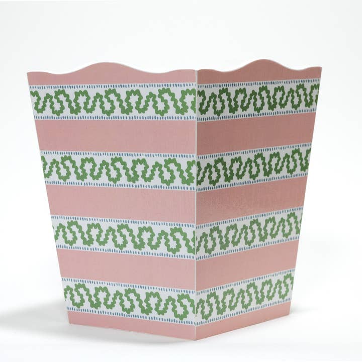 Harbor Trail Pink and Green Wastepaper Basket for wholesale by Madcap Cottage