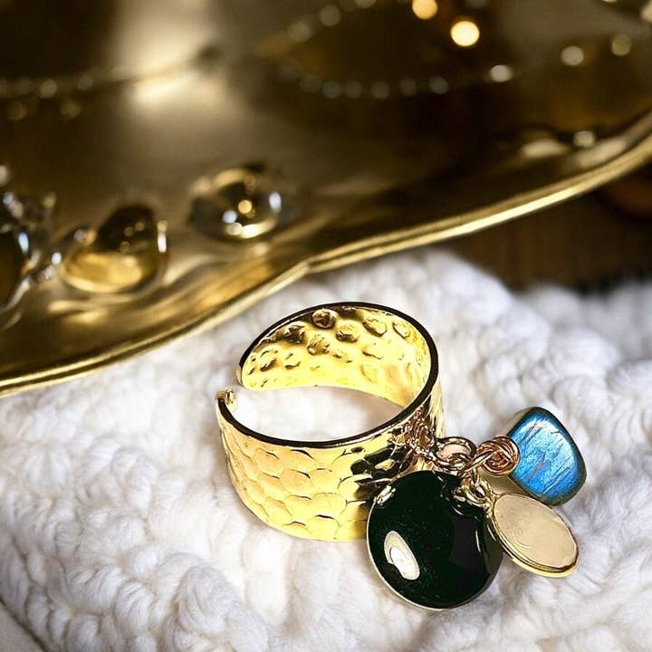 Anillo de oro dorado, piedra lunar, labradorita, lentejuelas, esmaltado para venta al por mayor de TOURMALYN