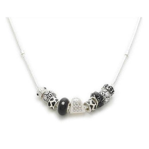 Silver Plated 'Midnight Sparkle' Black White Charm Bead Necklace for wholesale by Liberty Charms