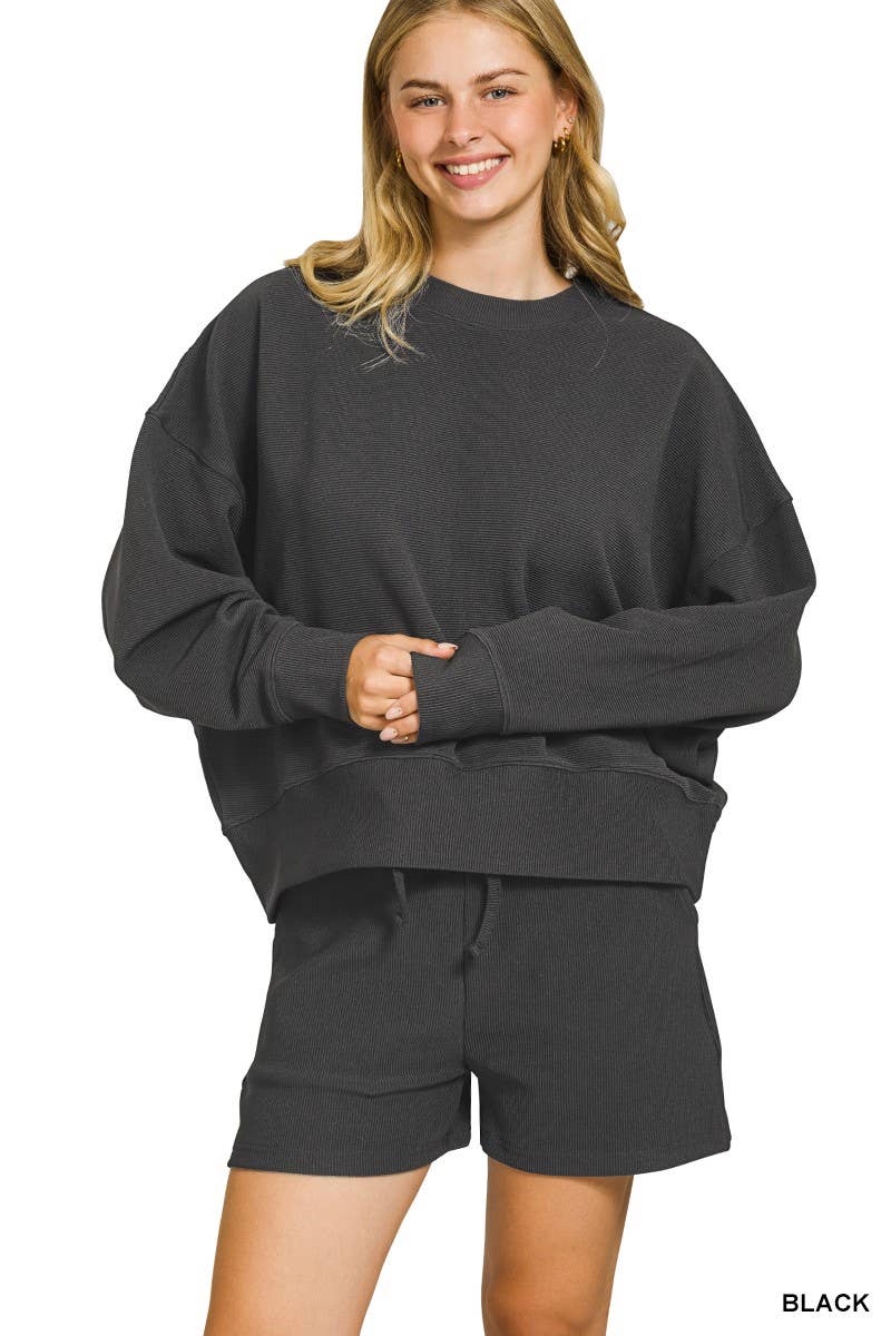 Vanilla Monkey - Wholesale Lounge Set - Women's - Ribbed Round Neck Pullover And Shorts Set0