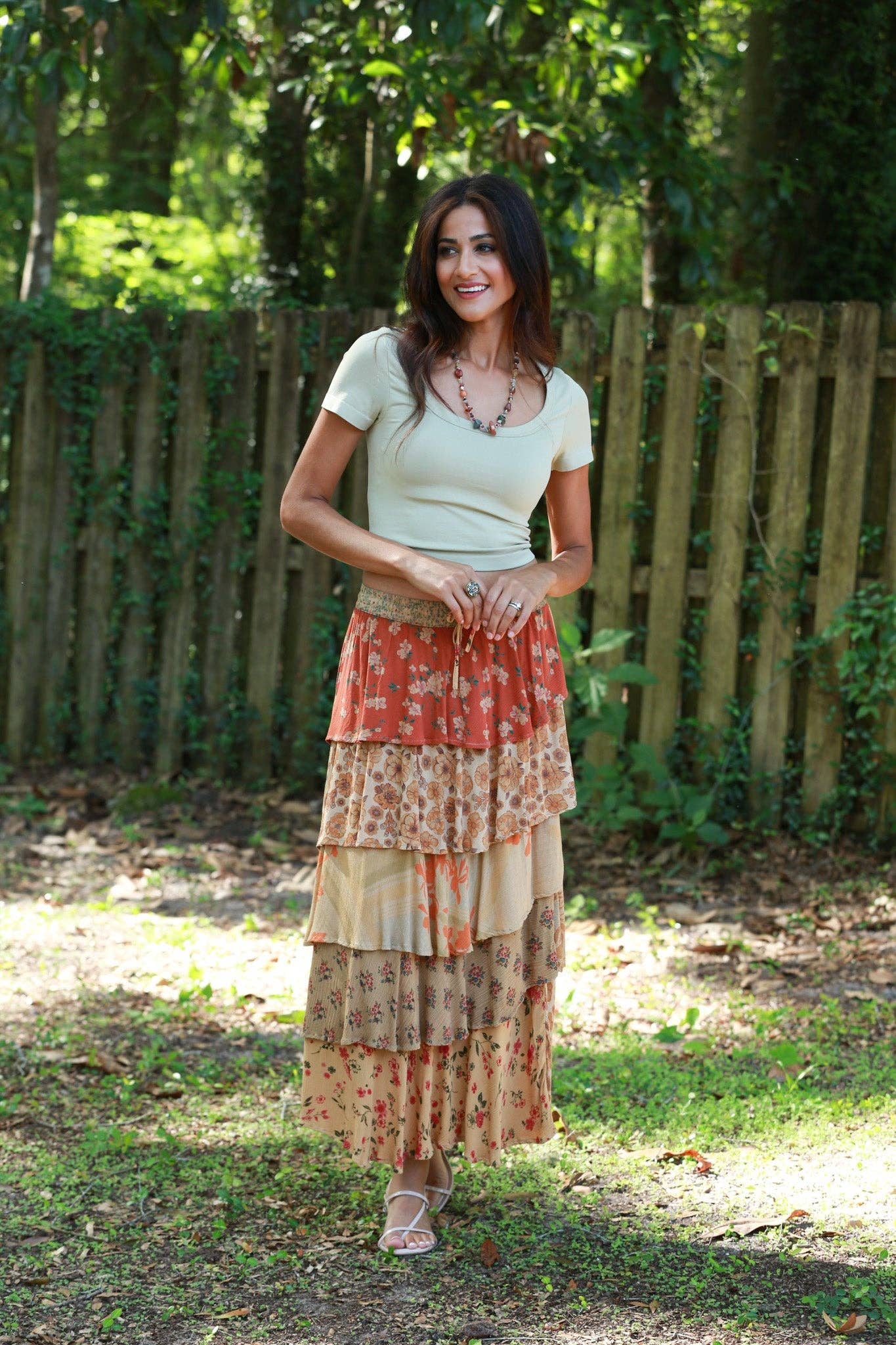 Sacred Threads - Wholesale Skirt β Womenβs - Tiered Patchwork Ruffle Maxi Skirt: Amber Hue Line