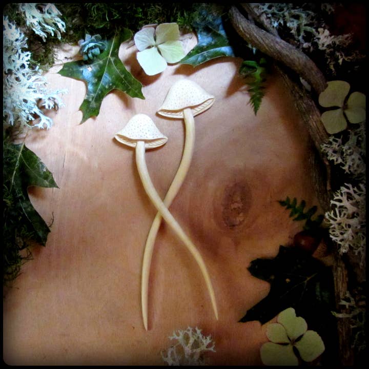 Hand carved blonde wooden mushroom hair stick, flat version for wholesale by Talismana Designs