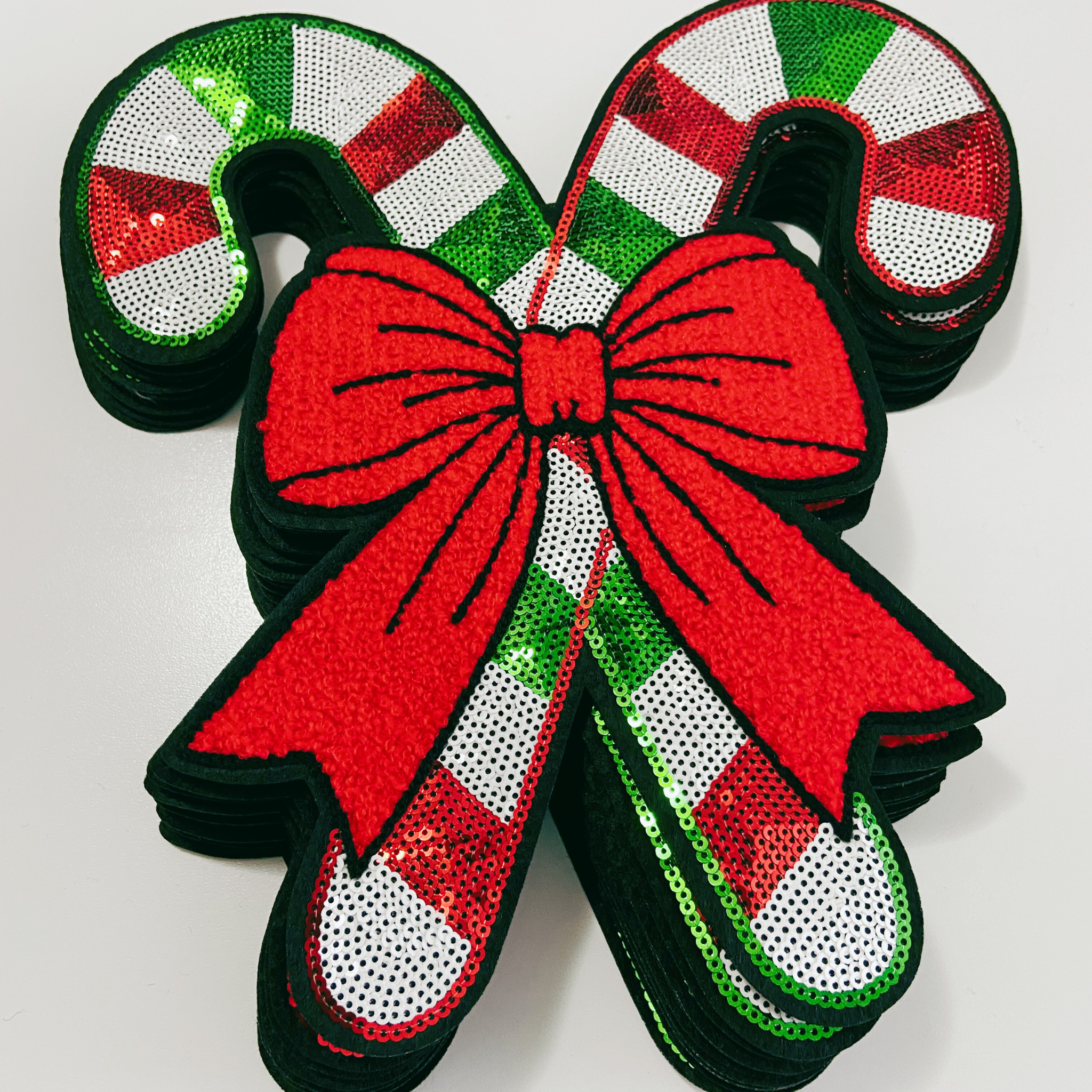 TEELUX - Wholesale Patch - Candy Canes with Chenille Bow 9.75 inch x 10.5 inch  - Large SEQUIN Patch1