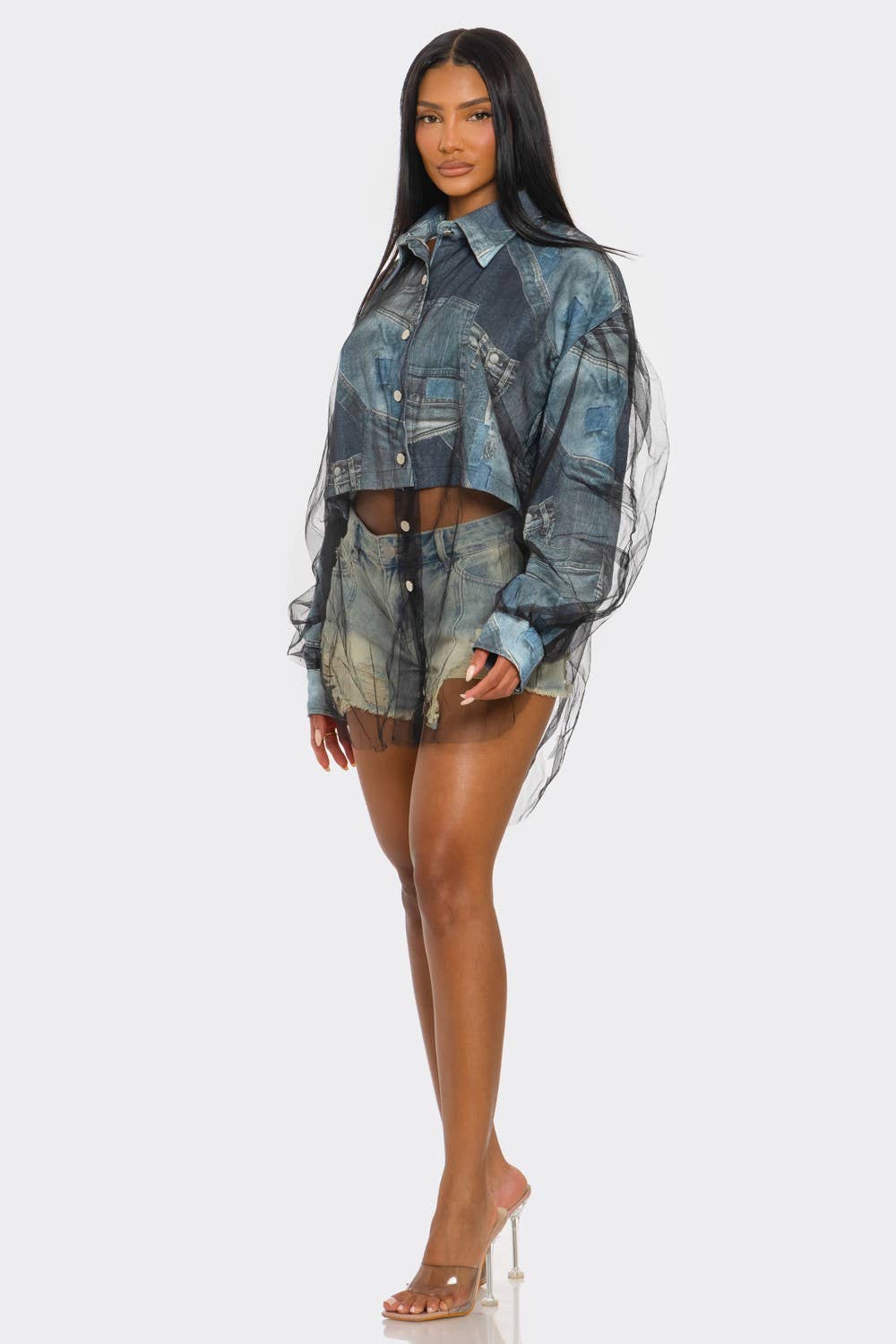 Athina Collection - Wholesale Overhemd met knopen - Dames - Denim Mesh Illusie Oversized Shirt2