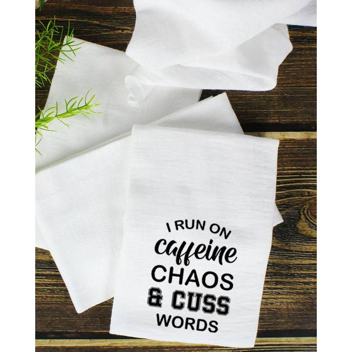 Caffeine Chaos and Cuss Words Kitchen Tea Towel for wholesale by Fresh Prints of CT
