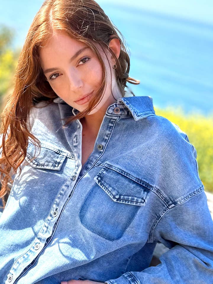 Abito chemisier corto in denim per la vendita all'ingrosso da parte di WASH LAB