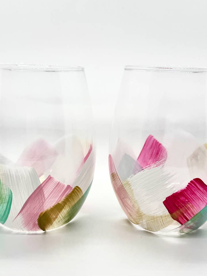 Whimsical | Stemless Wine Glasses | Holiday Wine Glass for wholesale by Heather Eck Artist LLC