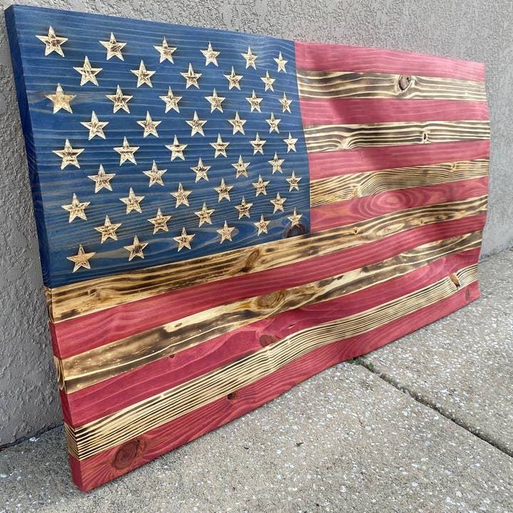 Rugged Cross Creations - Wholesale Wall Sign - Waving Wooden Extra Rustic Wood Burnt American Flag2