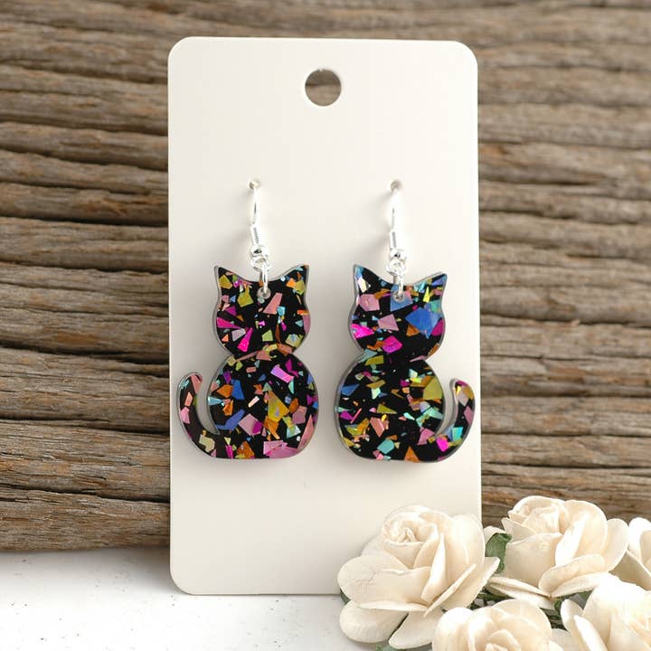 Multi Glitter Black Cat Dangle Halloween Earrings - Acrylic for wholesale by Rocky Mountain Shops