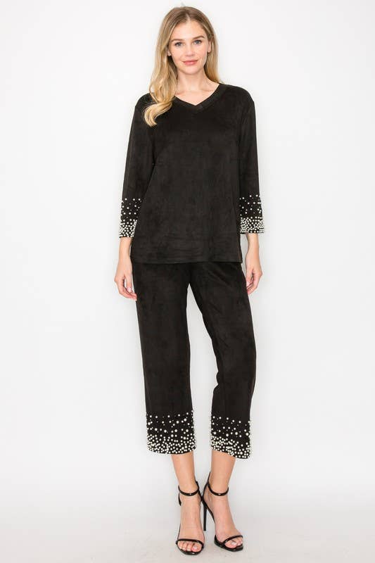 Joh Apparel - Vendita all'ingrosso Camicetta - Donna - Top in camoscio elasticizzato Alani con perle4