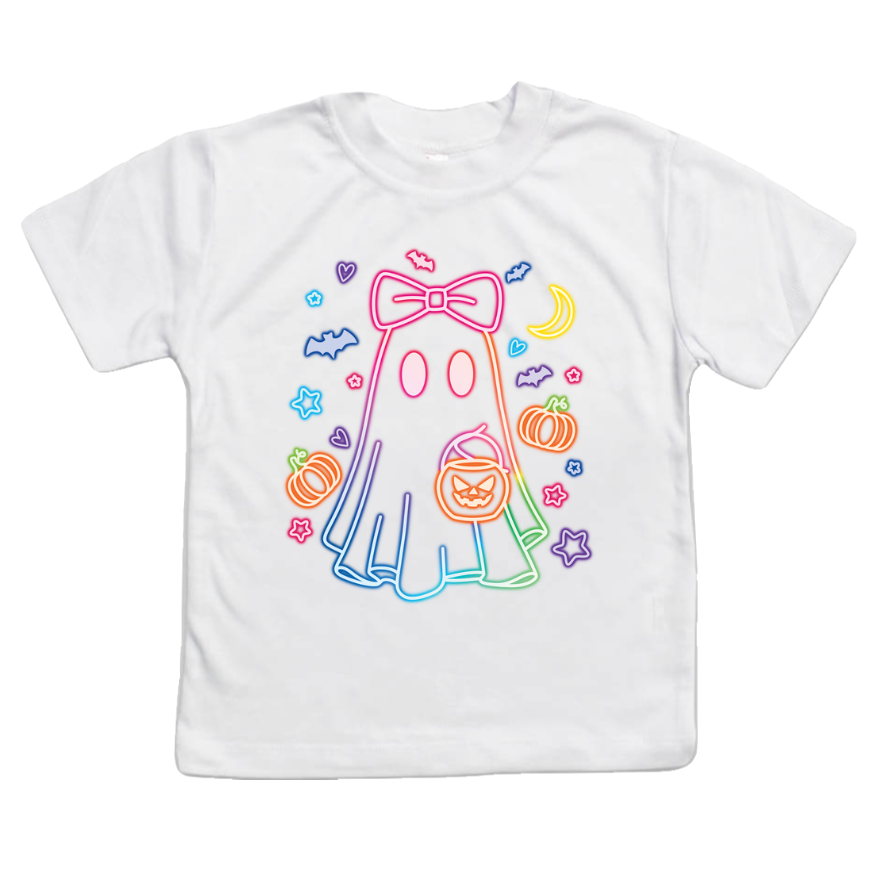 AvaryMaeInspirations – Großhandel T-Shirt mit Siebdruck – Kinder – Neon-Geistermädchen Halloween T-Shirt, Kürbisse5