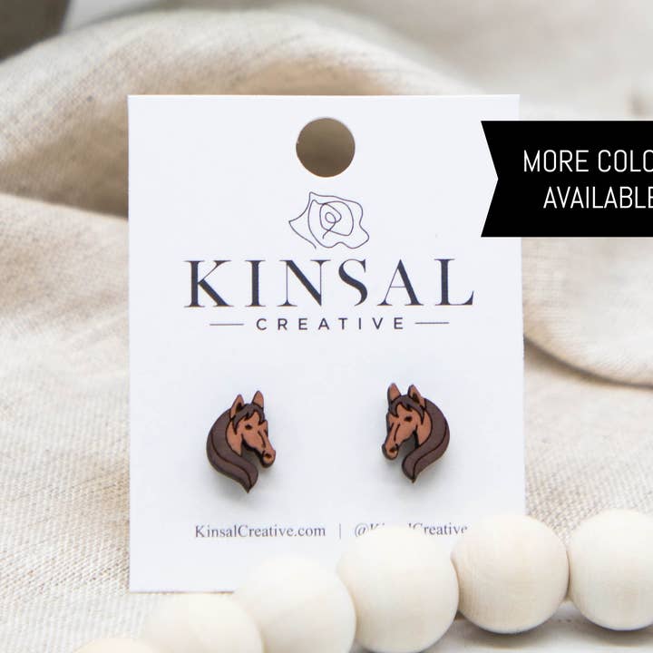 Horse Wood Stud Earrings for wholesale by Kinsal Creative