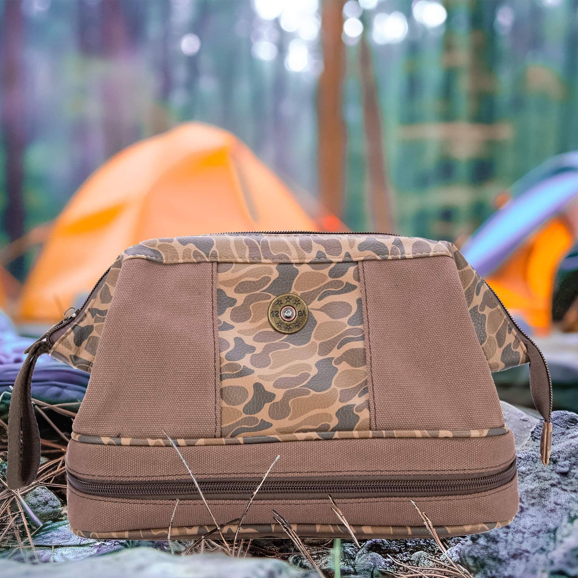 Shot Shell Brown Waxed Canvas Old School Camo Men's Toiletry Dopp Bag. for wholesale on Faire4