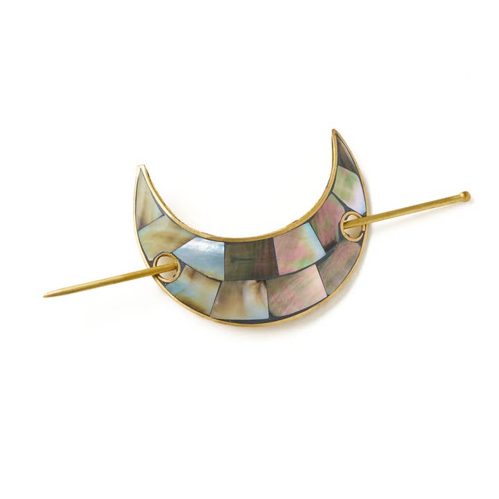 Matr Boomie Fair Trade - Wholesale Barrette - Women's - Chandra Crescent Moon Hair Pin with Stick - Mother of Pearl