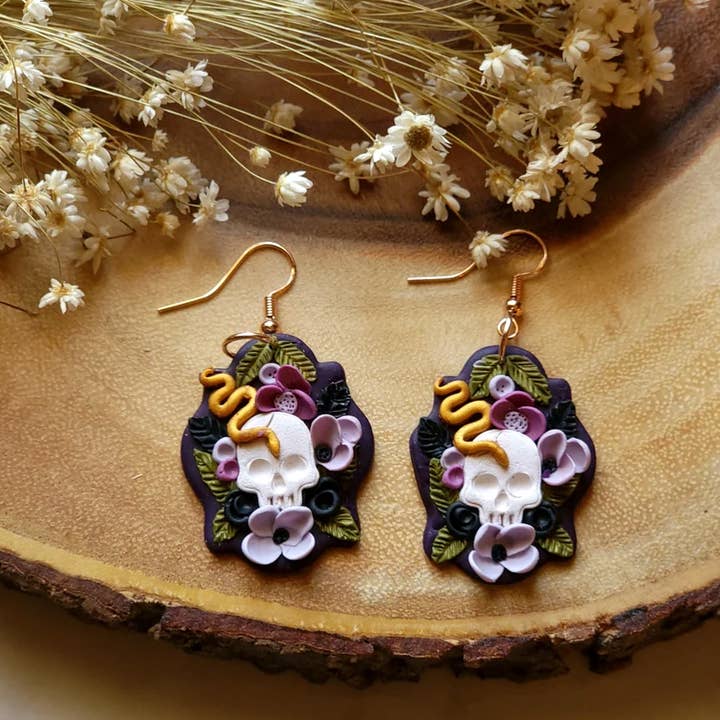 Foxy Method - Wholesale Dangle Earrings - Dark Cottagecore Skull Garden Snake Earrings1