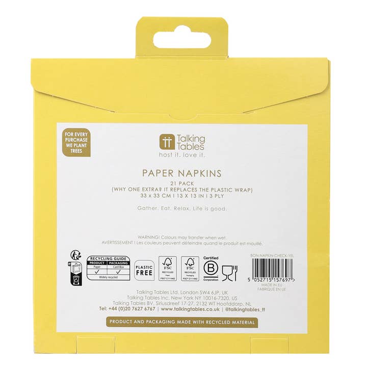 Talking Tables UK – wholesale Disposable napkin – Bon Appetit Yellow & White Check Napkins - 20 Pack