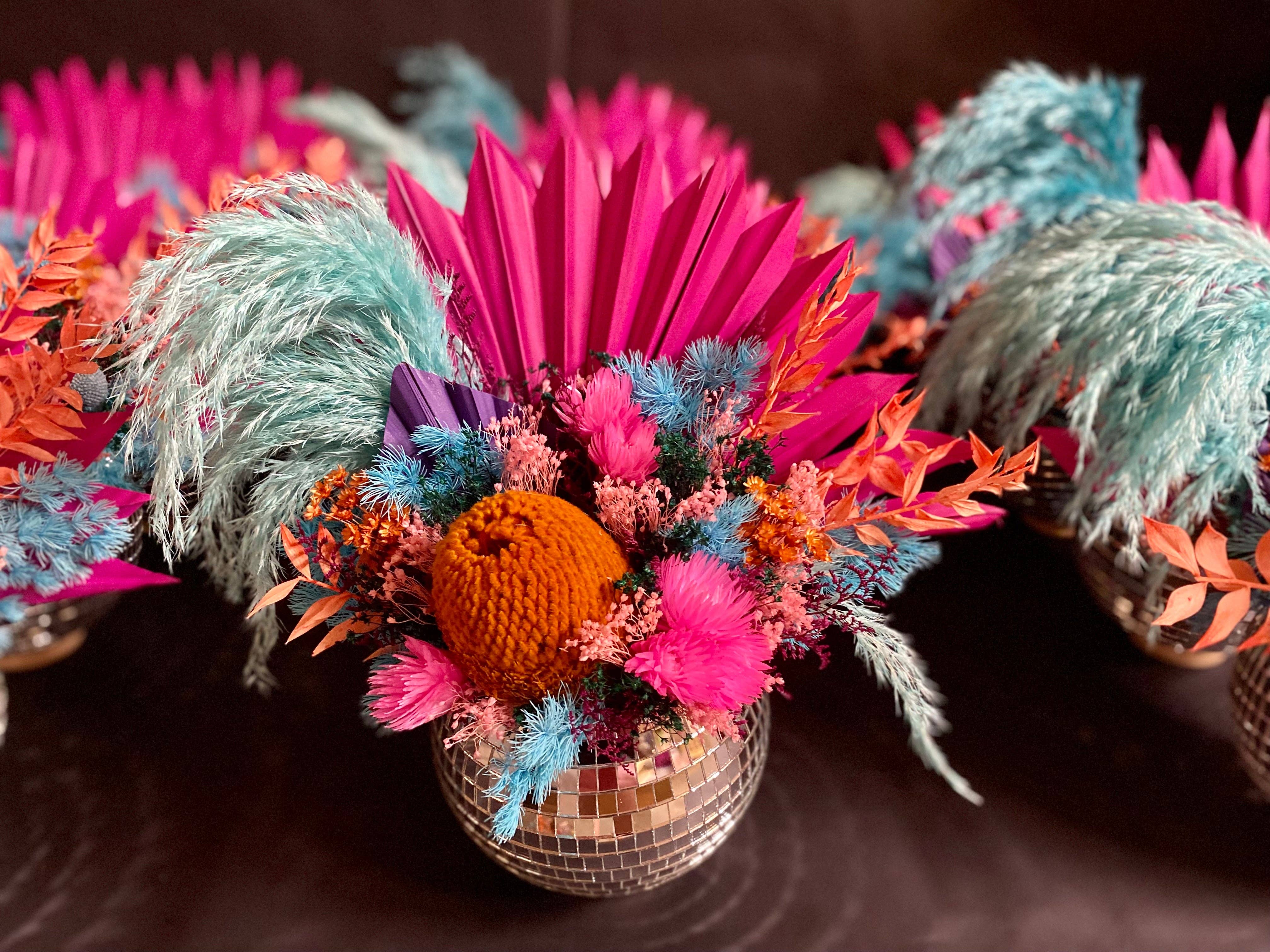 Palms Over Pines - Wholesale Dried/Pressed Flowers - Disco Ball Arrangement  - 6"1