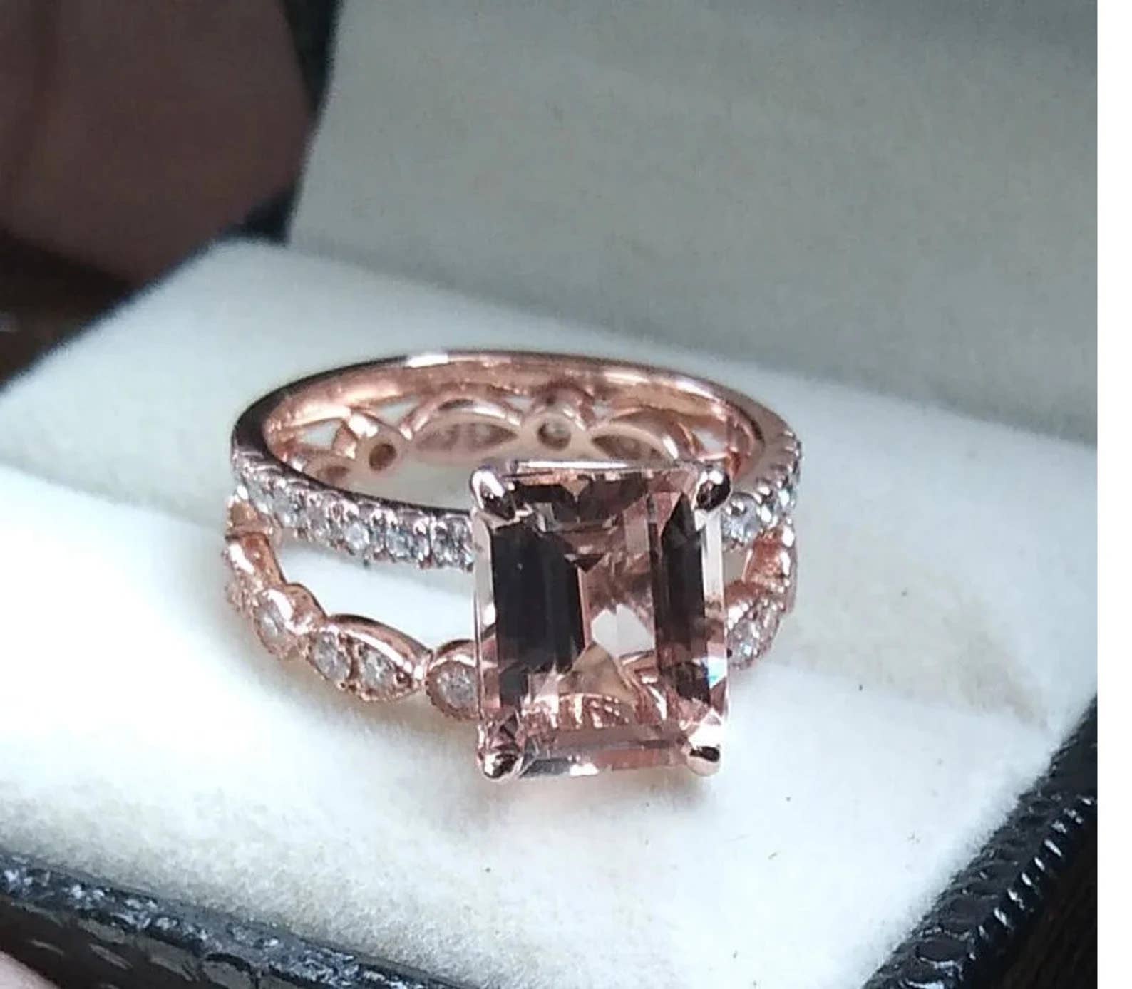 GEMPARA - Wholesale Engagement Ring - 14K Solid Rose Gold Emerald Cut Morganite Ring Set1