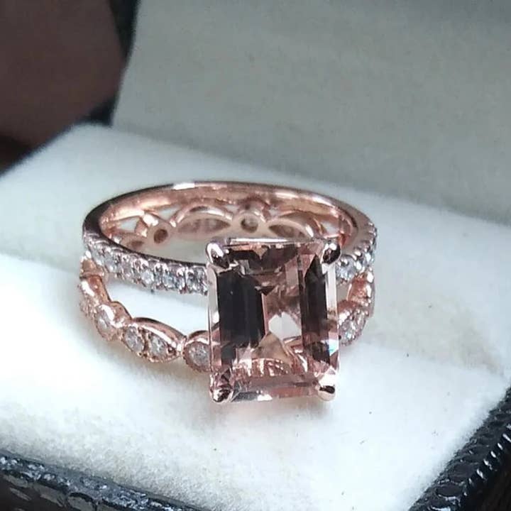 GEMPARA - Wholesale Engagement Ring - 14K Solid Rose Gold Emerald Cut Morganite Ring Set1