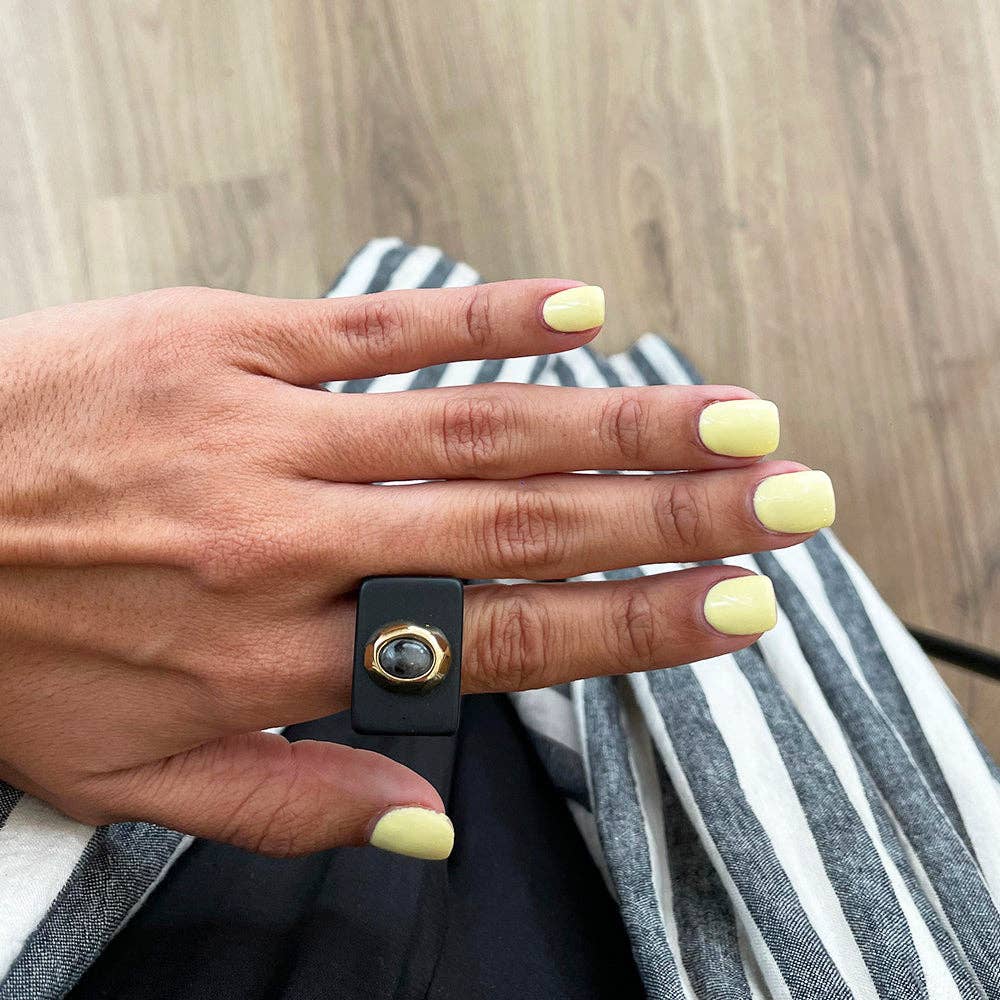 ÉMOLO – Anel de cocktail/declaração por atacado – Anel feminino preto com labradorita4