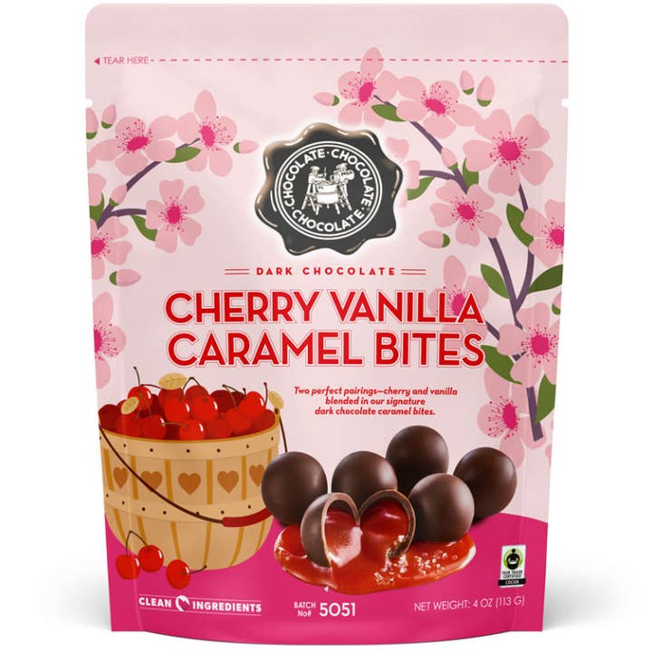 Chocolate Chocolate Chocolate Company - Wholesale Chocolate Covered Sweets - Dark Cherry Vanilla Caramel Bites - 4oz Case/12