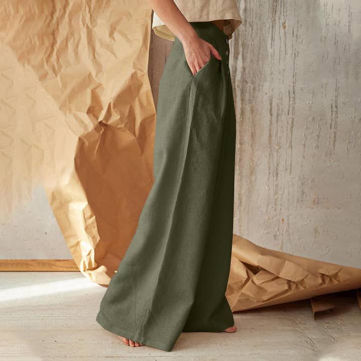 pinkblu02 - Wholesale Pants - Women's - Women High Waist Casual Button Cotton And Linen Wide Leg Pants