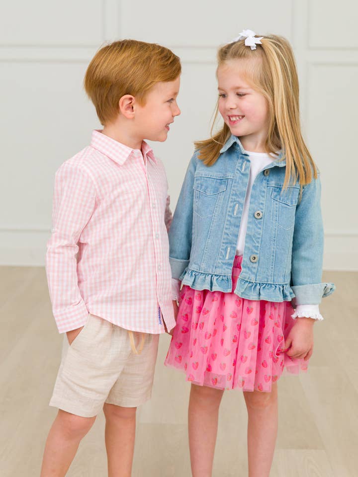 Boys Pink Gingham Check Long Sleeve Button Down Shirt for wholesale on Faire4