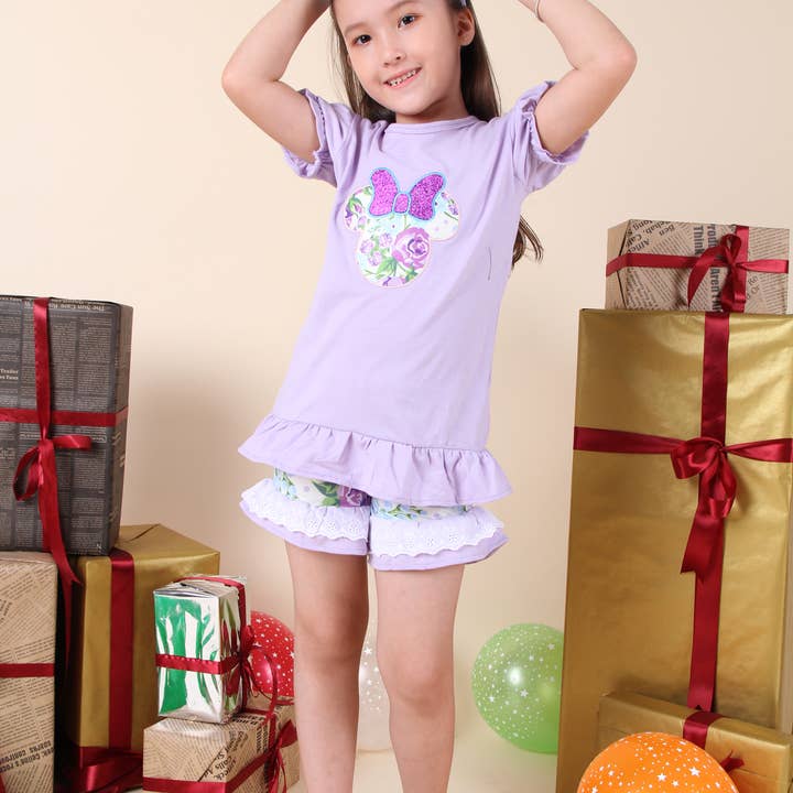 Angeline Kids - Venta al por mayor Conjunto de camiseta y pantalón corto - Niños - Liquidación Conjunto de pantalones cortos con volantes en la cabeza de Minnie Mouse