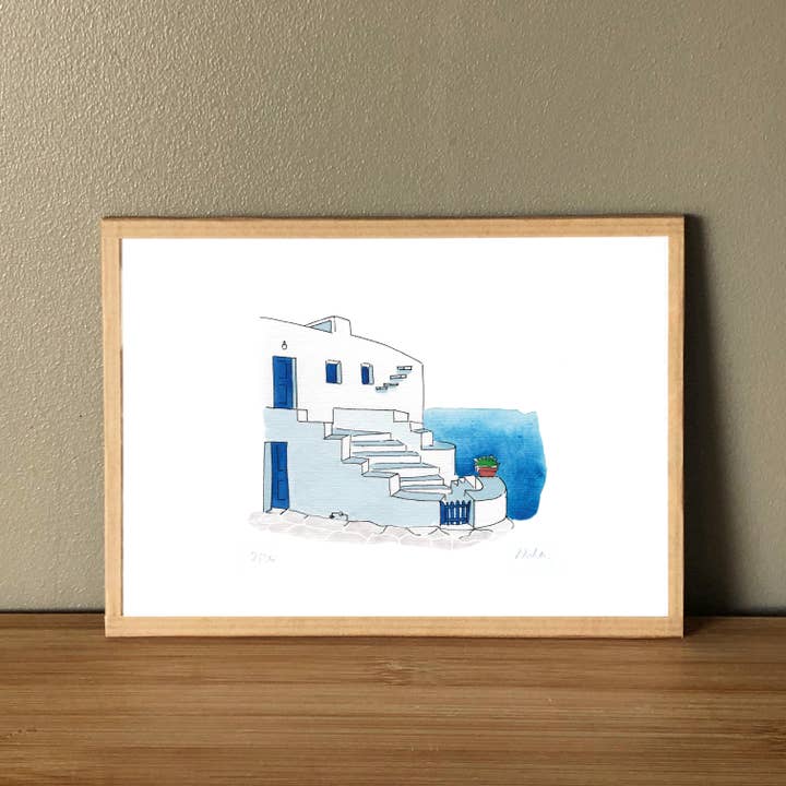 Atelier Nunila - Wholesale Art Print - Watercolor: Blue House, Sifnos, Cyclades, Greece (18x13 cm)