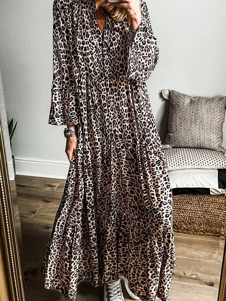 Vestido maxi con mangas anchas y estampado de leopardo en albaricoque. para venta al por mayor de EG fashion