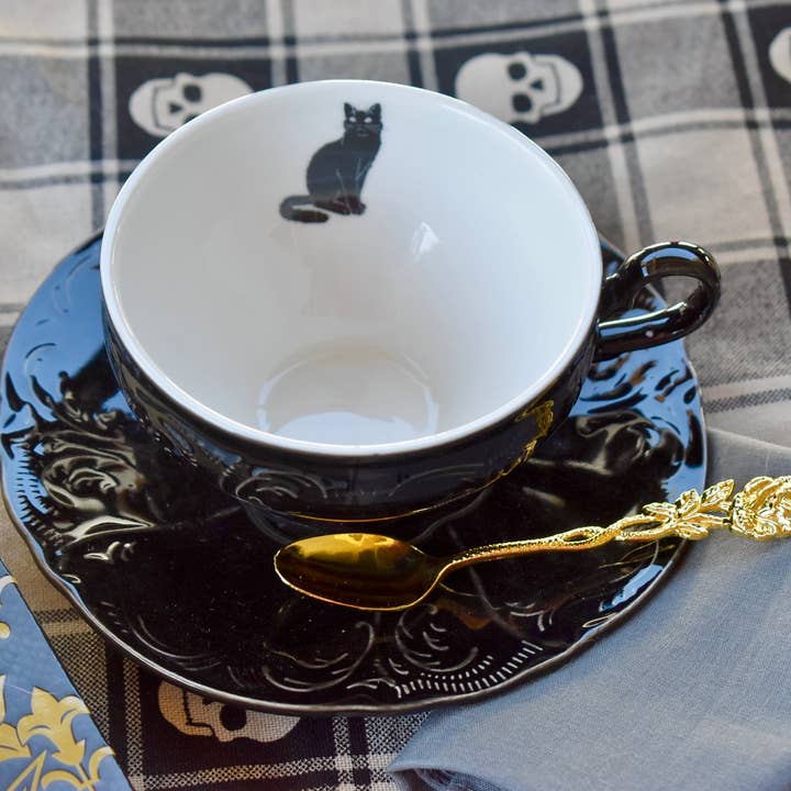 All Little Cute Things - Wholesale Tea Set - Black Cat Victorian Gothic Embossed Teacup and Saucer