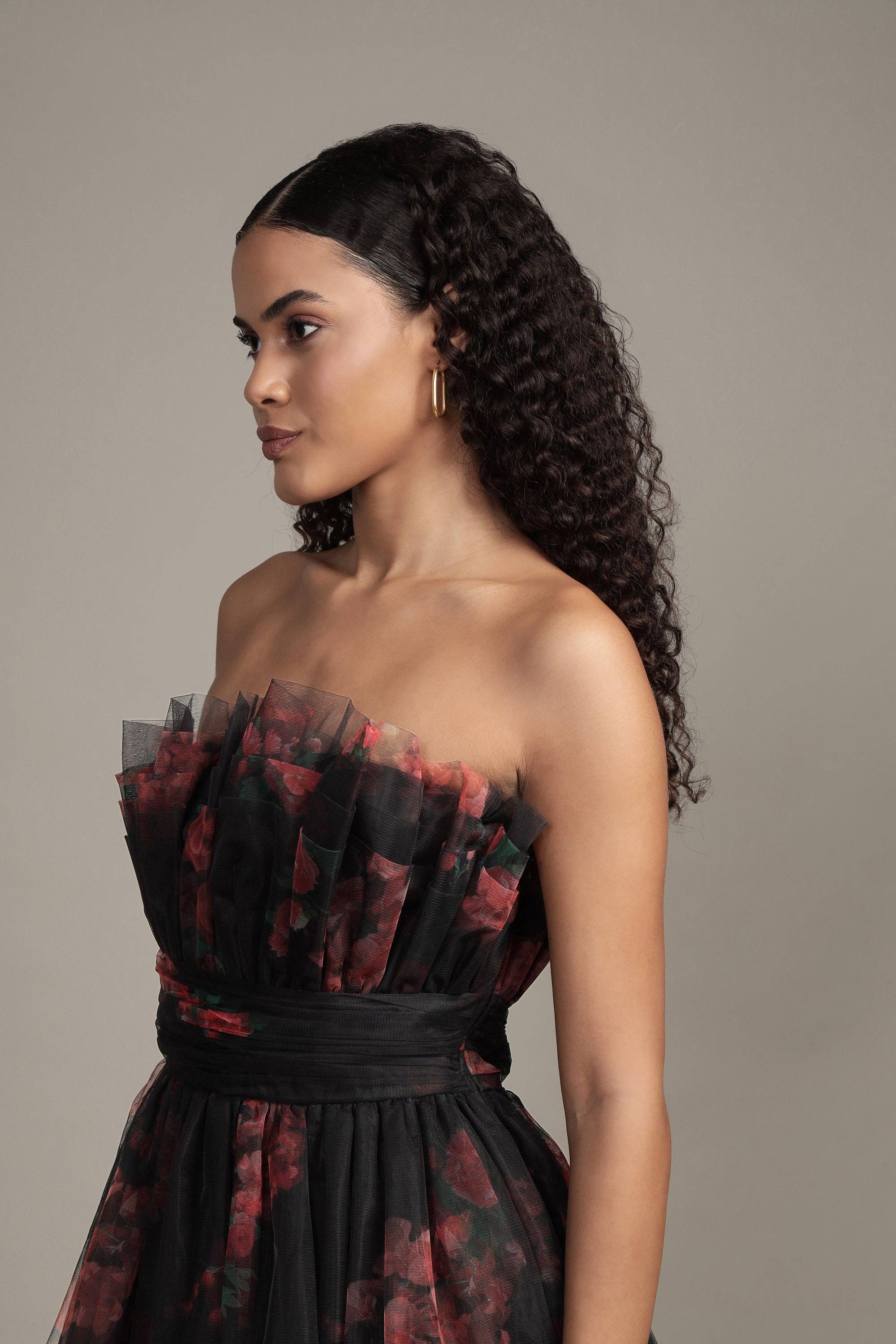 Natalia Tulle Maxi Dress in Black and Red Floral for wholesale on Faire7