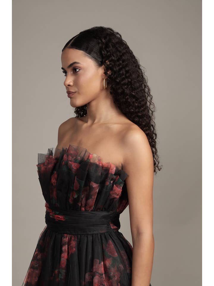 Natalia Tulle Maxi Dress in Black and Red Floral for wholesale on Faire7