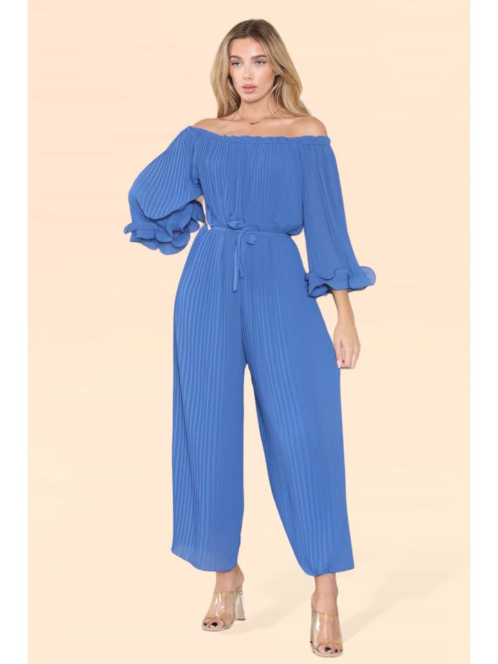WHITE Sofia Bardot Pleated Frill Jumpsuit for wholesale on Faire6