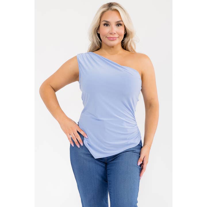 PLUS SIZE ENAXLAD ASYMMETRISK FÅLL SIDORUCHED TOPP för wholesale av Curve Market