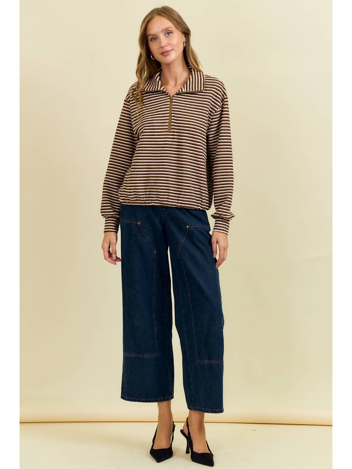 Brown MULTISTRIPE KNIT BUBBLE HEM HALF ZIP TURTLE NECK - 45249T for wholesale on Faire4