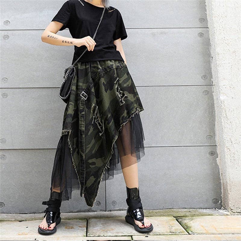 Camouflage Elastic Waist Mesh Patchwork A-Line Skirt for wholesale on Faire1