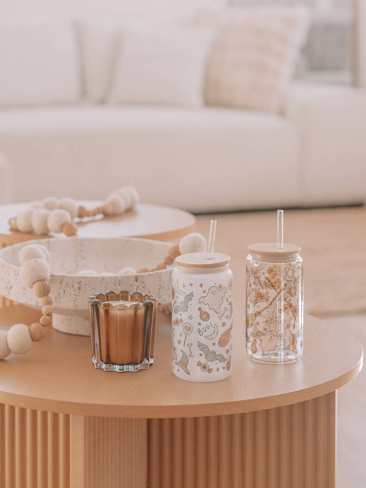 BATS & BOO'S GLASS TUMBLER W/ BAMBOO LID & GLASS STRAW for wholesale by KNOTS + NOOK