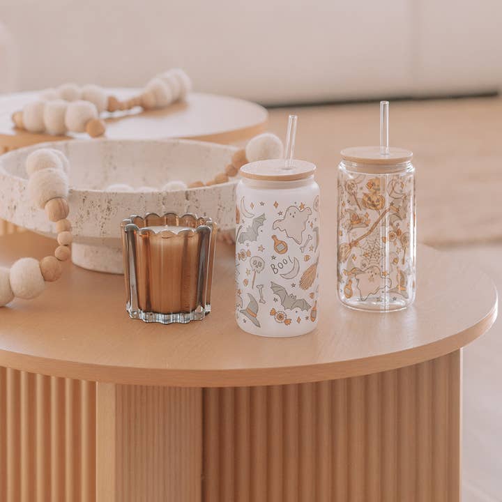 KNOTS + NOOK - Wholesale Drinking Glass/Cup - BATS & BOO'S GLASS TUMBLER W/ BAMBOO LID & GLASS STRAW0