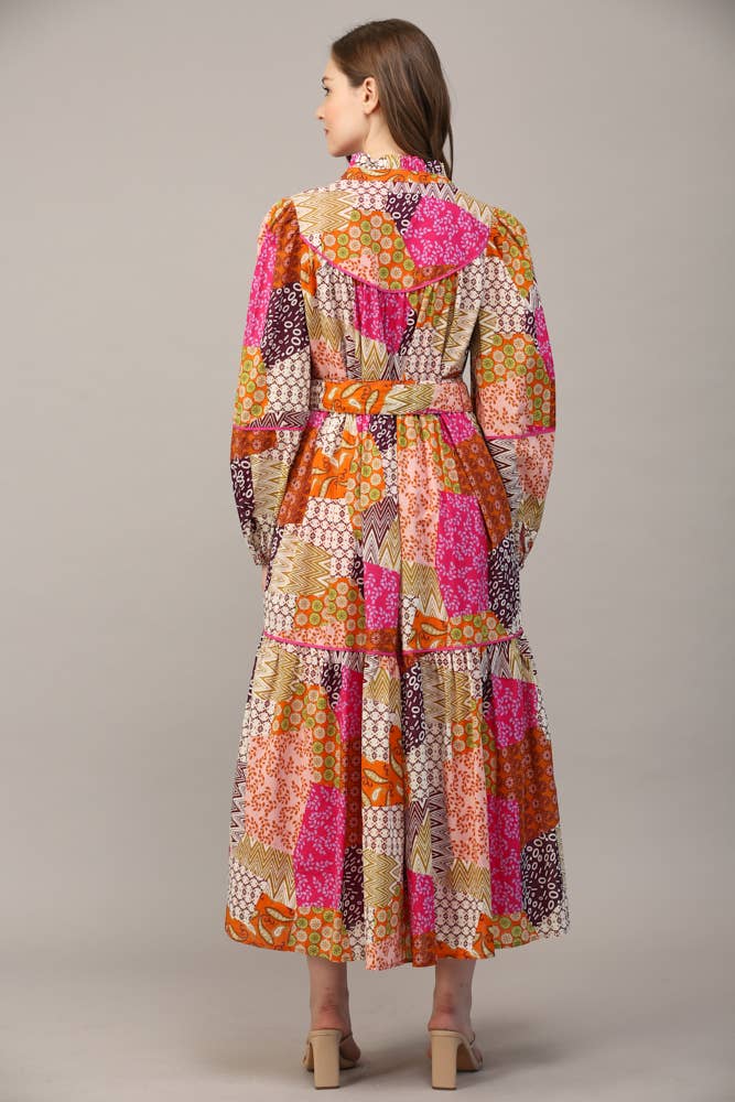 FUCHSIA/ORANGE/LILLA MIDIKJOLE I PATCHWORK BOMULDSDETALJER MED BÆLTE FD32154 for engroshandel på Faire7