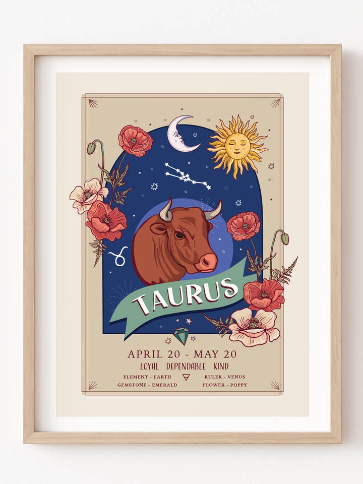 Impression murale avec fleurs du zodiaque Taureau A4 sans cadre pour la vente par Angie Spurgeon Illustration and Design