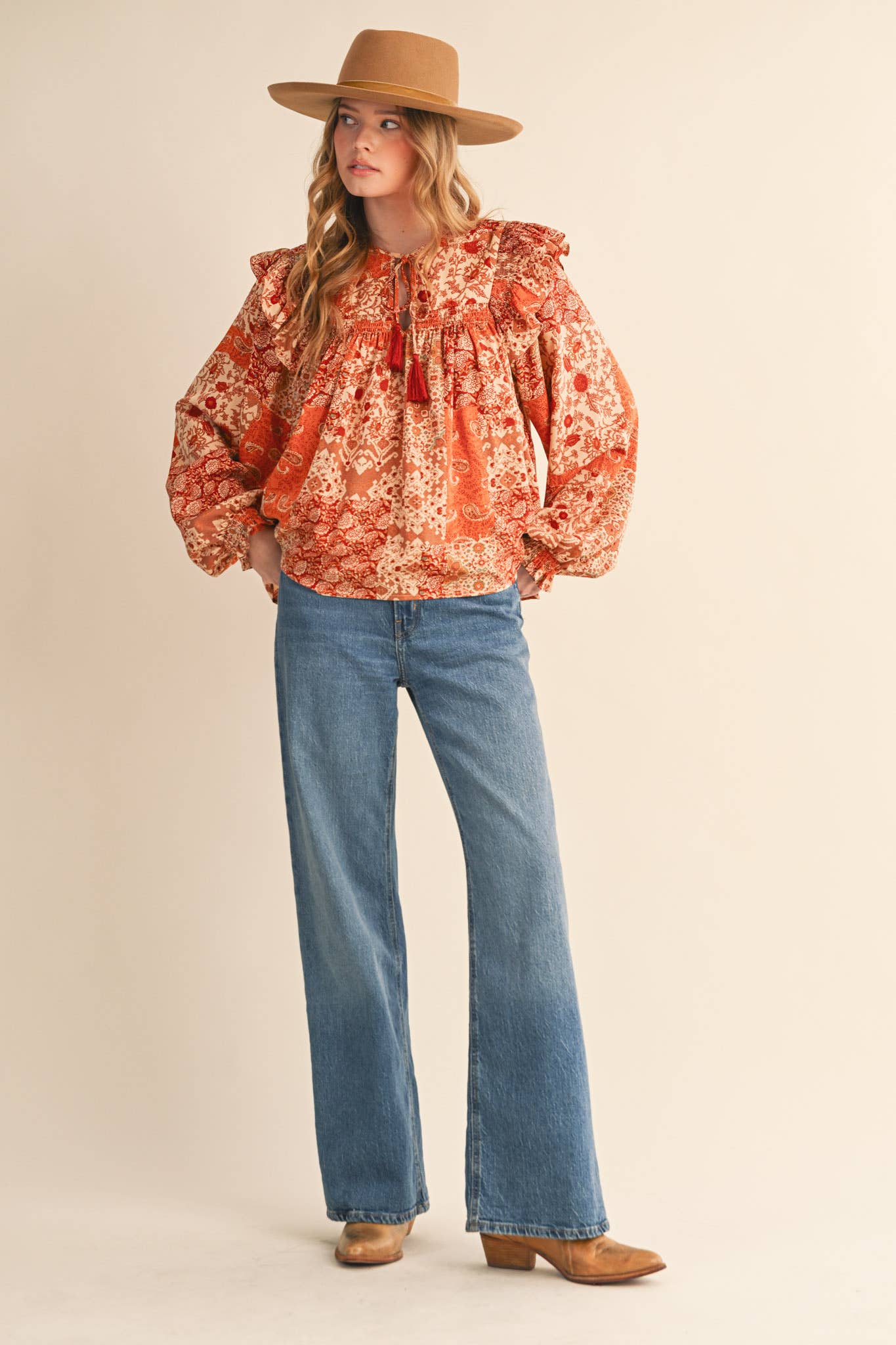 &MERCI - Wholesale Blouse - Women's - PATCHWORK PRINT SMOCKED RUFFLE BLOUSE MTP435017