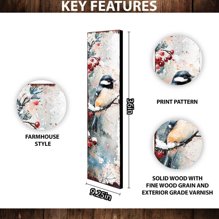 TX USA Corporation - Wholesale Outdoor Sign - 36in Chickadee Christmas Porch Sign - Holiday Entryway Decor, Christmas Front Door Board, Outdoor Porch Decor | 5 Patterns, Wood, UV Print