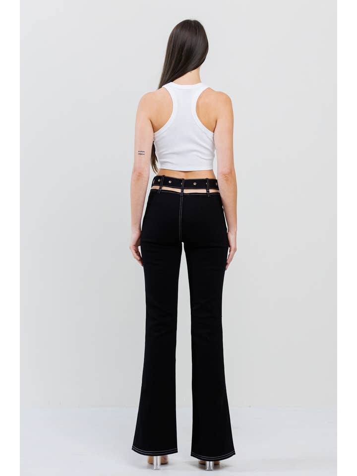 No Vacancy - Wholesale Pants - Women's - Cutout featured stitch belted on bell bottom pants
